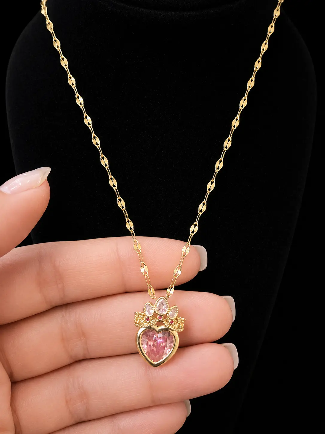 Adjustable Gold-Tone Pink CZ Heart Pendant Stainless Steel Necklace – Cute, Dainty Gold Non-Natural Crystal Necklaces & Pendants, Cute Non-Natural Crystal Necklaces & Pendants