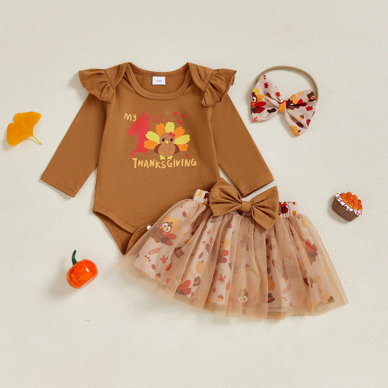 Infant Baby Girls Thanksgiving Outfits Letter Long Sleeve Romper with Turkey Print Tulle Mini Skirt Headband 0-18 Months