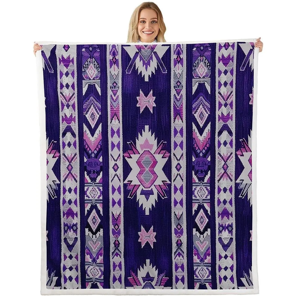 Purple Southwestern Fleece Throw Blanket Geometric Plush Blanket Bed Sofa Couch Tribal Style Native American Indian Design Sherpa Blanket Stripe Line Fuzzy Blanket