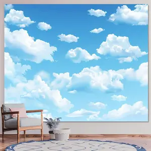 1PC,2D Flat Sky Blue and White Clouds Fresh Backdrop, Festival Event Decoration Tapestry, Photography Live - stream Background Curtain, Room Bedroom Decoration Hanging Cloth, Photo Backdrop Wall Cl