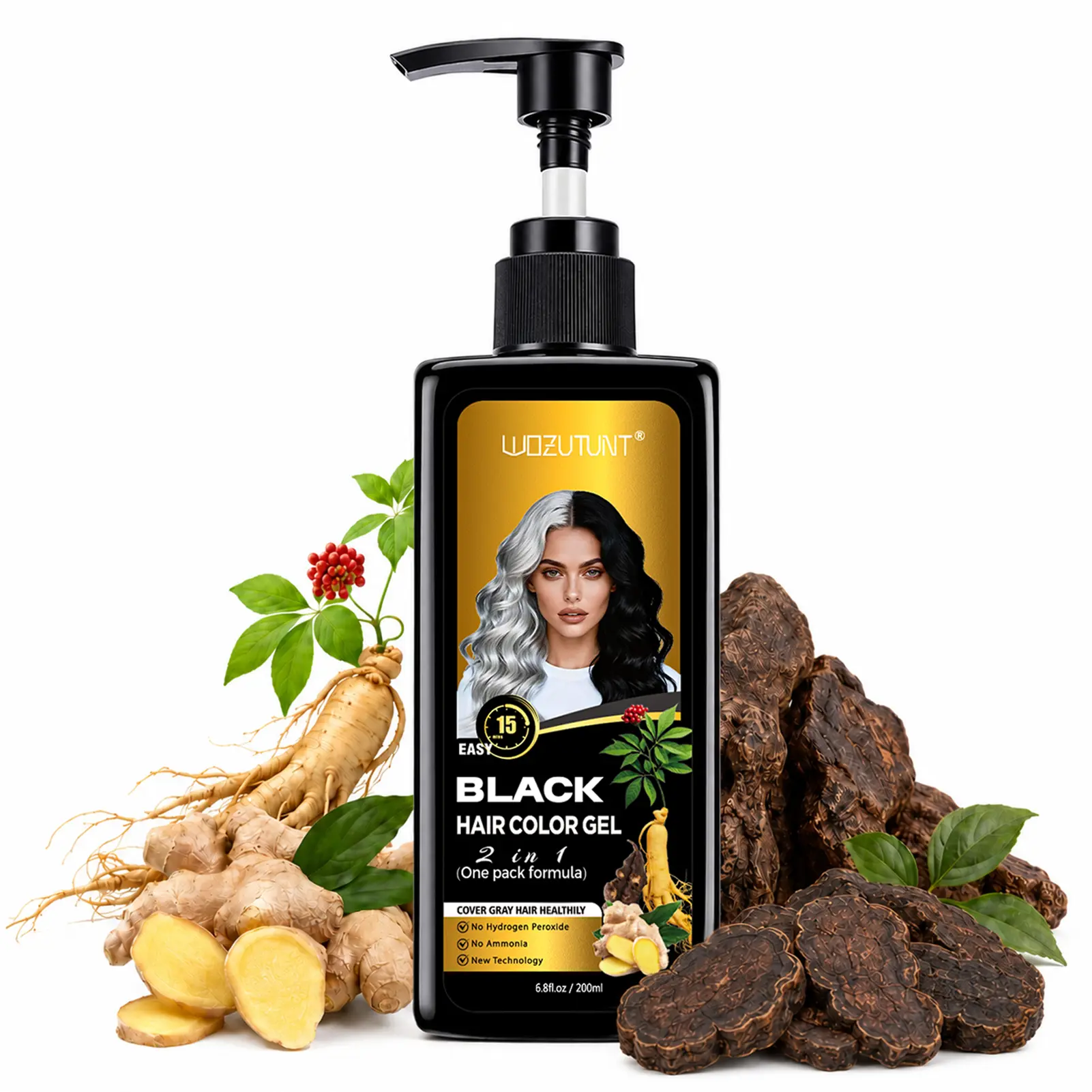 Goiple Black Hair Color Gel - Ginseng-Infused Salon Haircare, 100% Gray Coverage in 10 Mins, Ammonia & Peroxide Free, Mild 2-in-1 Herbal Care Formula, No-Mix Pump, Gentle for Sensitive Scalp, 200ml (6.8 fl.oz)