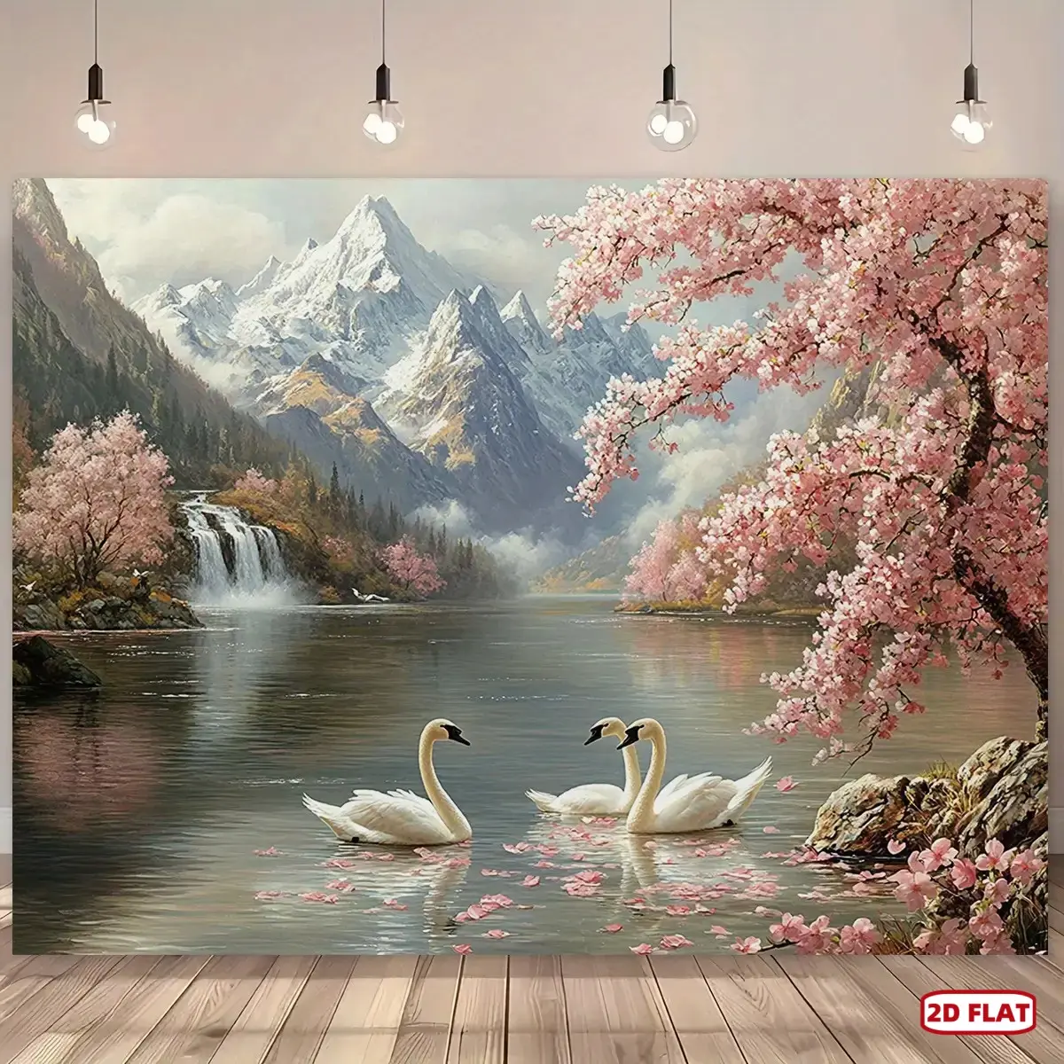 1pc Large Self-Lit Decorative Soft Durable Textile Wallpaper Mural - Realistic Swan Lake, Cherry Blossom Spring Landscape Decorative Stickers, Pink Trees, Mountains, Waterfall Hues, Easy Peel & Stick Home Decor