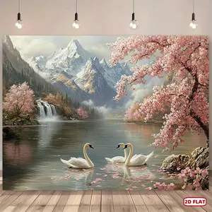 1pc 2D Flat, Large -like Wallpaper Mural - Realistic Swan Lake & Cherry Blossoms Wall Decal, Self-Lit Effect-like Design, Spring Landscape with Pink Trees, Mountains, Waterfall-like Hues - Easy Peel & Stick