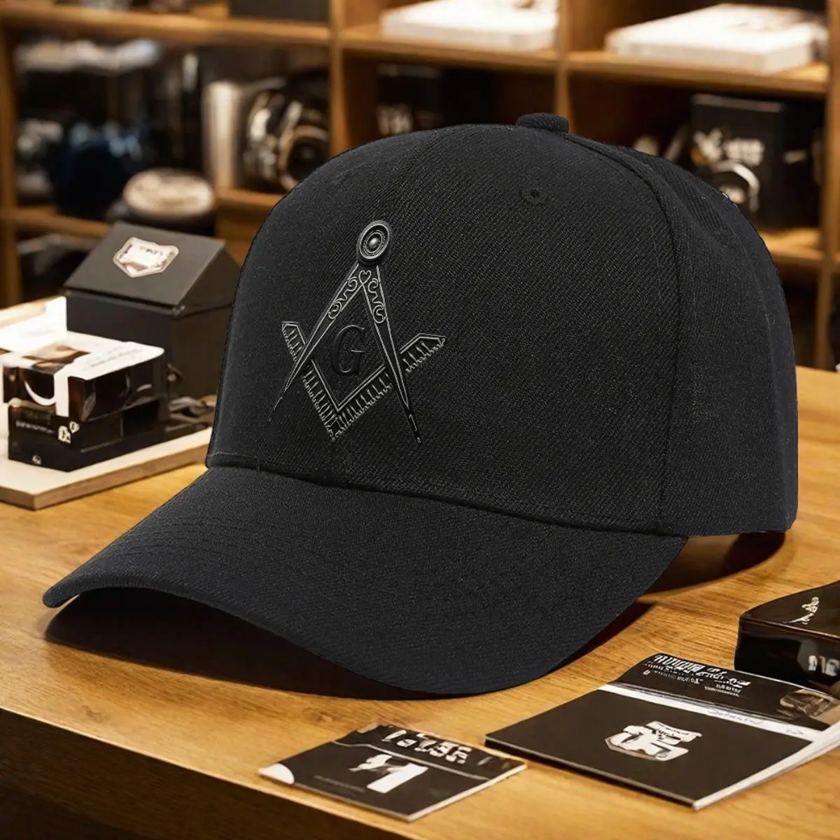 Masonic Square-Compasses Symbol Adjustable Baseball Cap - Lightweight Polyester, Vintage Style, All-Season Durable Headgear for Men, Outdoor Enthusiasts, Ideal Mason Gift