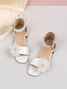 Girls' Fashion Flower Low Heel Sandals, Convenient Velcro Casual Shoes with Rhinestones, PU Leather Upper, Sexy Style, Sparkly Sandals