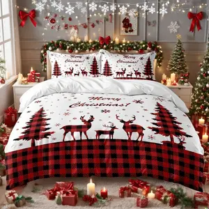 Christmas Bedding Set, Plaid Reindeer Christmas Tree Print, Soft Comfortable Sheet Set, Includes 1 Fitted Sheet & 2 Pillowcases, All Seasons, Decorative Bedding Set