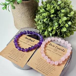 Amethyst & Rose Quartz Crystal Bracelet Set – Healing Gemstone Bundle for Calm Love – Meditating Gift with Card + Gift Bag