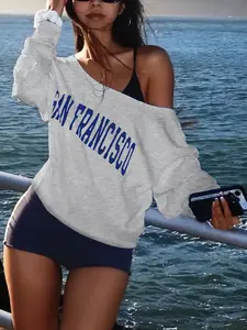 Women's Off-Shoulder Letter Print Sweatshirt, Soft & Loose Fit Casual Top, All Seasons Fashion