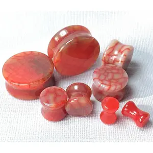 PAIR Red Dragons Vein Agate Stone Double Flare Plugs Organic Earlets Gauges