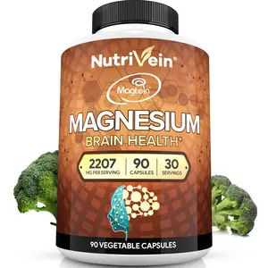 Nutrivein Magnesium L-Threonate (Magtein) 2207mg Brain Health Supplement  - Boosts Brain Health & Memory - 30 Day Supply (90 Capsules, Three Daily)