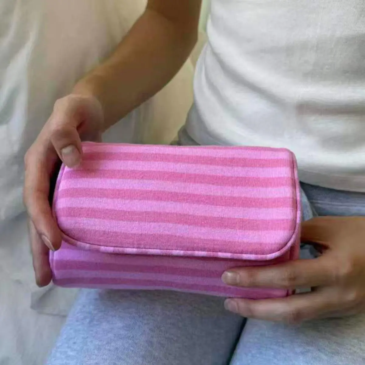 Pink White Striped Makeup Bag with Built-in Mirror, Cute Mini Portable Cosmetic Storage Handbag for Girls