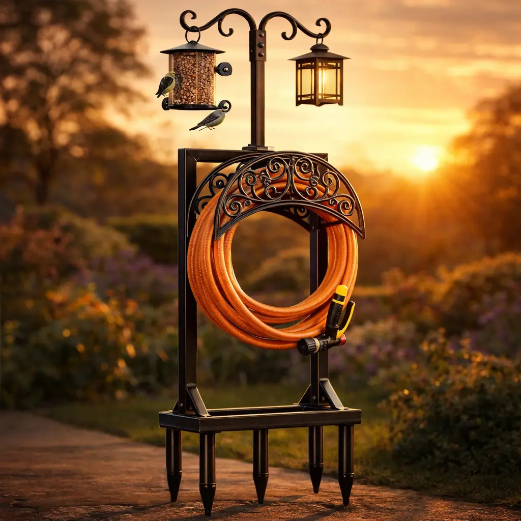 Garden Hose Holder Stand, Freestanding Metal Water Hose Organizer with Ground Stakes for Yard, Lawn and Outdoor Storage