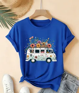 Women'S Clothing Bus Short Sleeve Easy Cartoon Colorful Flowers Double Decker Bus Round Neck Elegant Casual Style Cute Summer T-Shirt Fashionable Commuting Vacation Daily Versatile Retro Style Top Multi-Colors Avail