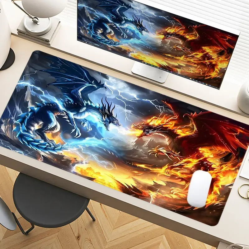 Dragon Battle Epic Fantasy Desk Pad Gaming Mousepad XXL Mouse Pad For Laptop Desk Mouse Pad Extra Large With Non-Slip Rubber Base Stitched Edges Surface For PC Gamers Office Workers & Home Use As Holiday Gift Office Accessories