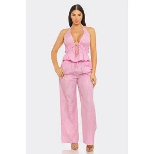 Elastic tie-front halter crop top and pants set
