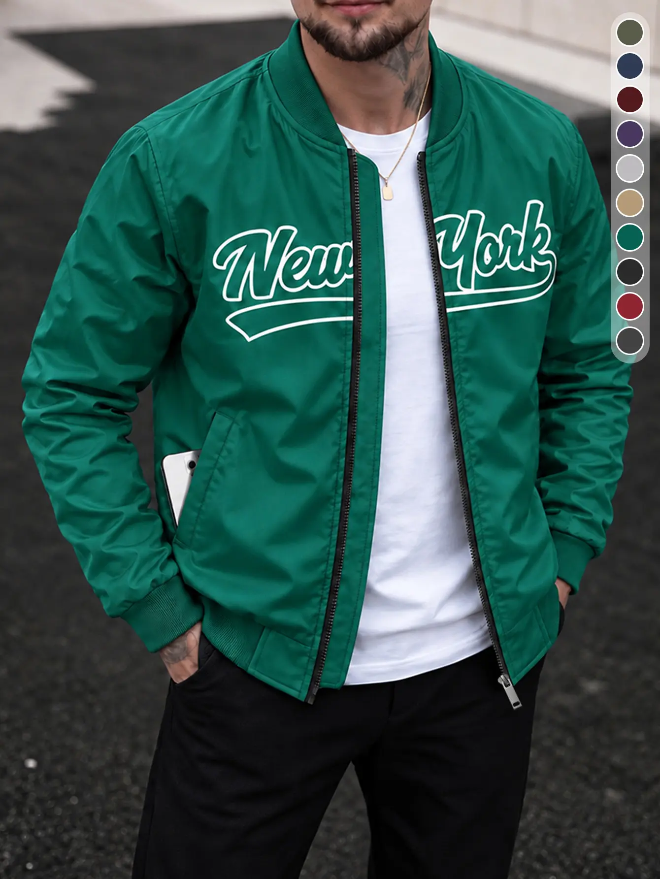 Men's New York Letter Print Bomber Jacket Solid Color Stand Collar Zip Up Casual Streetwear Baseball Outerwear
