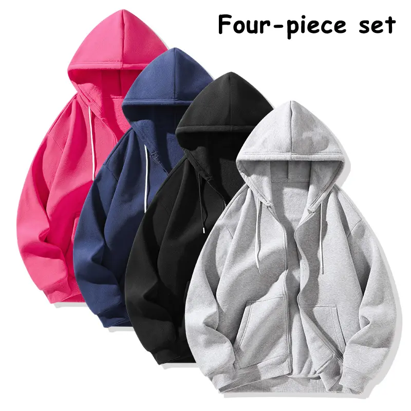Men’s 4-Pack Zip-Up Hoodies, Oversized Loose Fit, Drawstring Hoods, Kangaroo Pockets, Solid Colors — Soft Fleece-Lined Jackets, Casual Everyday Street Loungewear Bundle