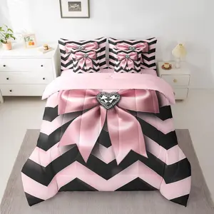 Feelyou 7-Piece Ultra Soft Bed Comforter Set - Girly Bowknot Bedding with Geometric Stripes, Diamond Sheets, Multi-Size Options Including Comforter Queen Size for Women, Seven Pieces