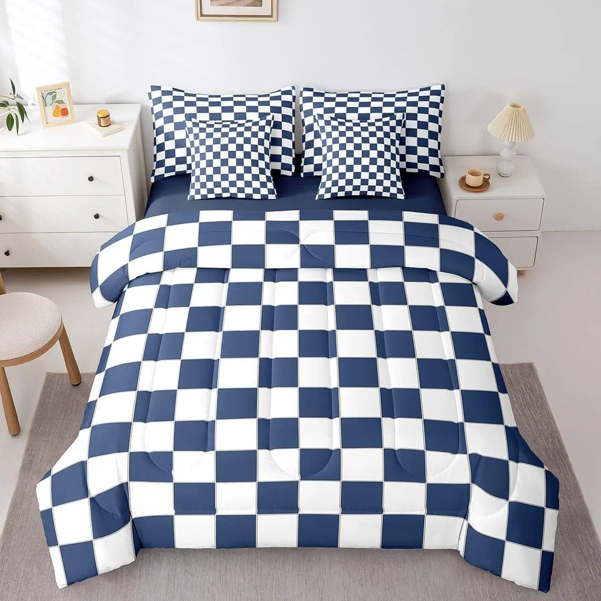 Feelyou 7-Piece Ultra-Soft White-Blue Plaid King Comforter Set with Sheets - Breathable Coastal Beach Checkerboard Bedding, Modern Aesthetic Multi-Size Bedding Sets Collections for Girls, Christmas Options, Geometric