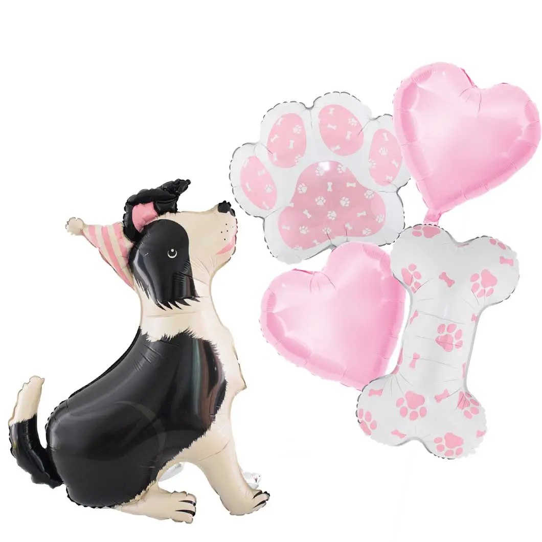 Shepherd Dog Theme Balloon Kit Dog Paw Print Balloon Bone Shaped Foil Balloon Pink Heart Shape Balloons Sets Props for Pets Birthday Dog Party Supplie Puppy Decorations 5PCS