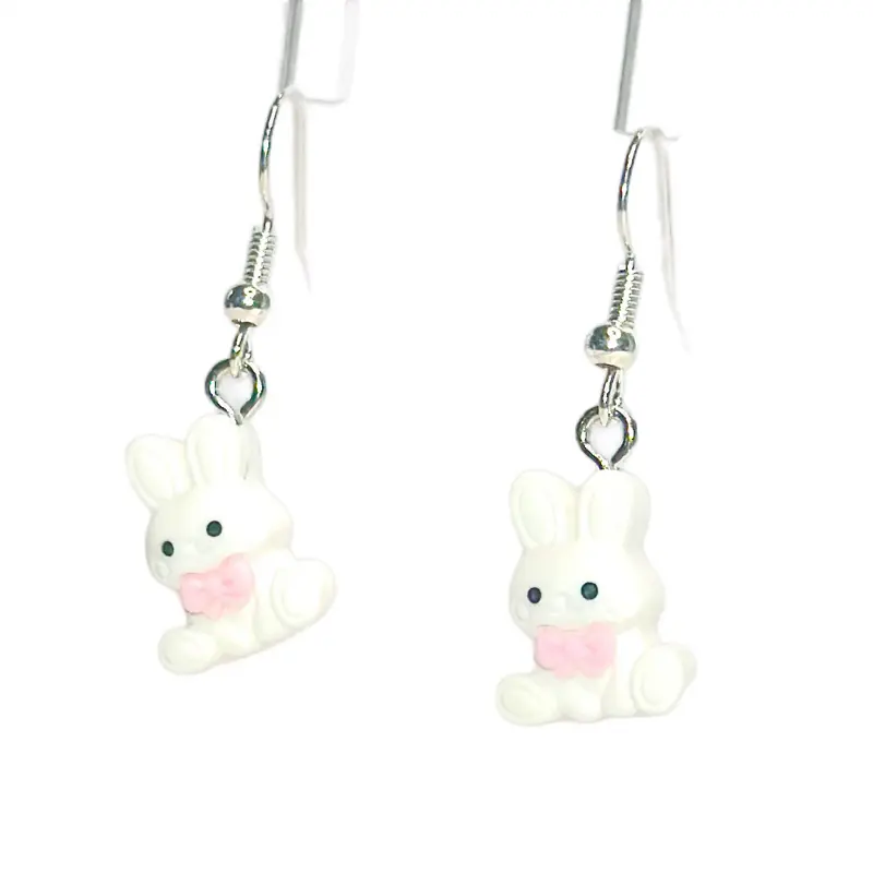 Cutesy Tiny Cartoon Bunny with Pink Bow Earrings