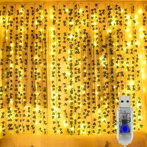1pc Halloween Xmas outdoor decorations100 LED Fake Ivy Vines Window Curtain String Lights, USB Plug 3x1m/9.84ftx3.28ft Artificial Hanging Ivy Vines Plant Garland With Light For Wall Home Garden Bedroom Indoor Wedding Party Decor (no battery)