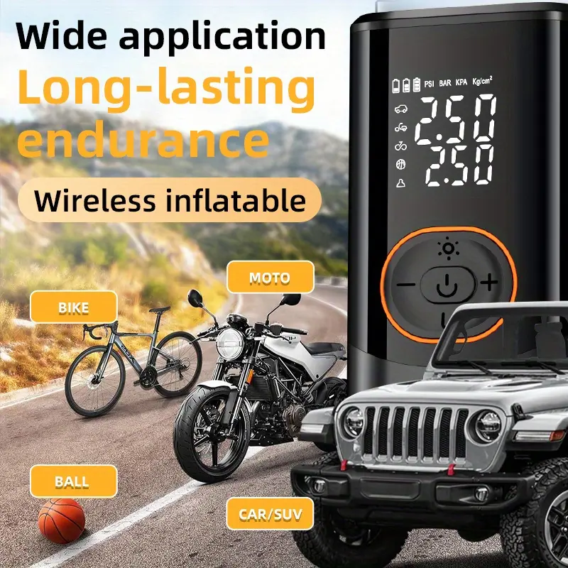Portable Car Air Compressor with Wireless Handheld Pump & Light for Inflating Compressing Tires of Cars Motorcycles Bikes Balls