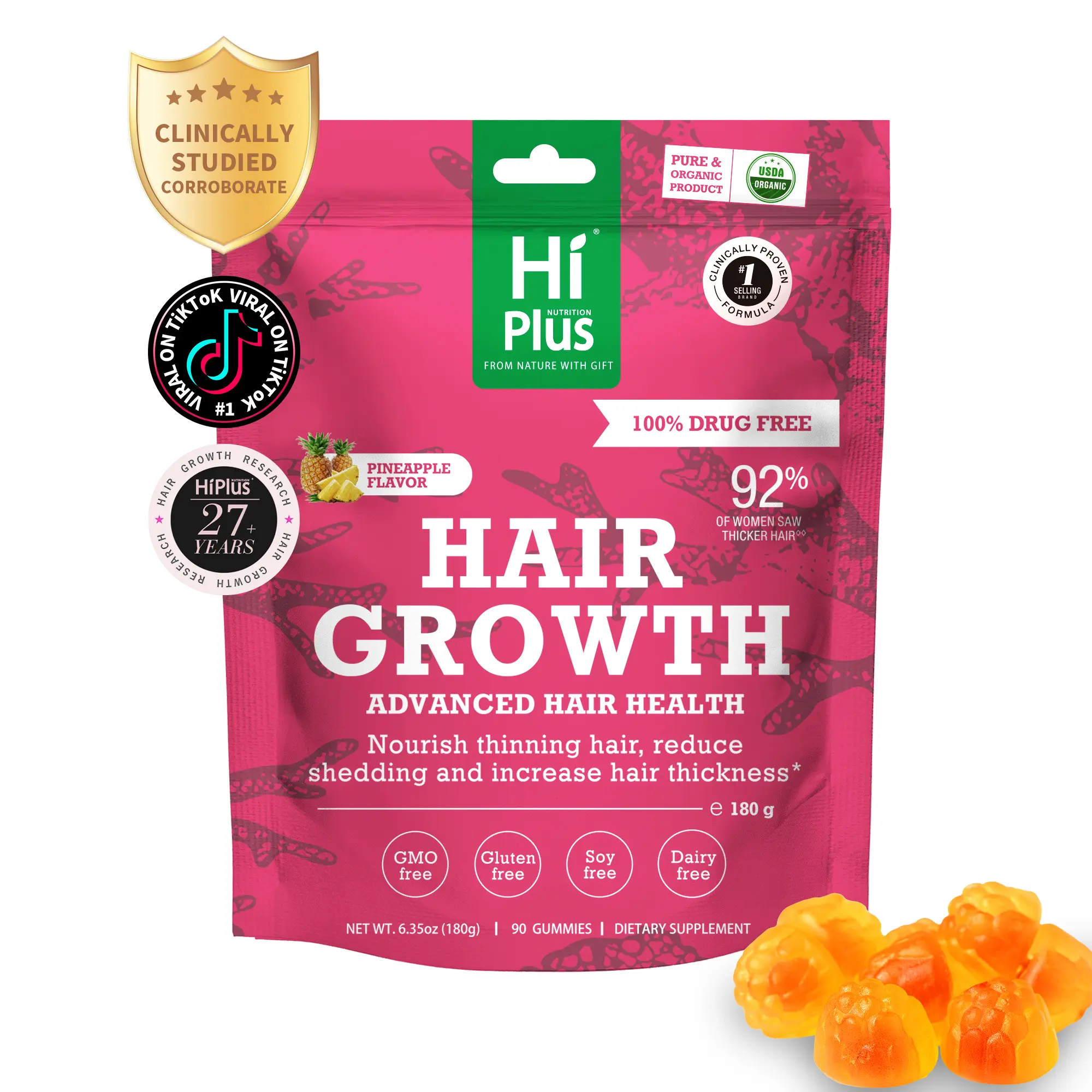 HiPlus Hair Growth Accelerator Chews – Beauty Vitamins for Women & Men | Clinically Proven Formula with Collagen Complex & Biotin for Insanely Thicker, Fuller Hair | Boosts Scalp Coverage, Dermatologist Recommended | 60 Soft Chews, 45-Day Supply.