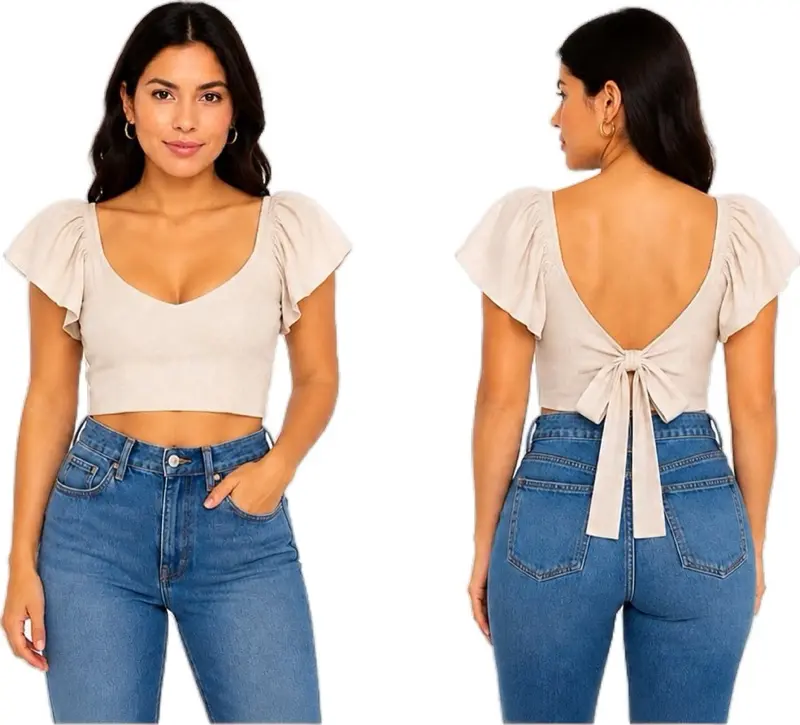 Women’s Beige Tie-Back Crop Top with Flutter Sleeves | Open Back Bow Blouse