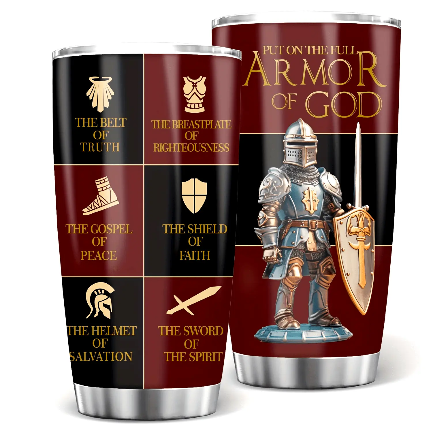 20oz Stainless Steel Christian Armor of God Tumbler - Full Armor of God Tumbler 20oz, Ephesians 6 Bible Verse Gift, Christian Knight Design, Religious Inspirational Cup for Men