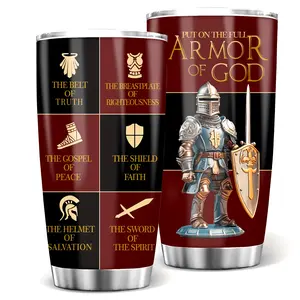 20oz Stainless Steel Christian Armor of God Tumbler - Full Armor of God Tumbler 20oz, Ephesians 6 Bible Verse Gift, Christian Knight Design, Religious Inspirational Cup for Men