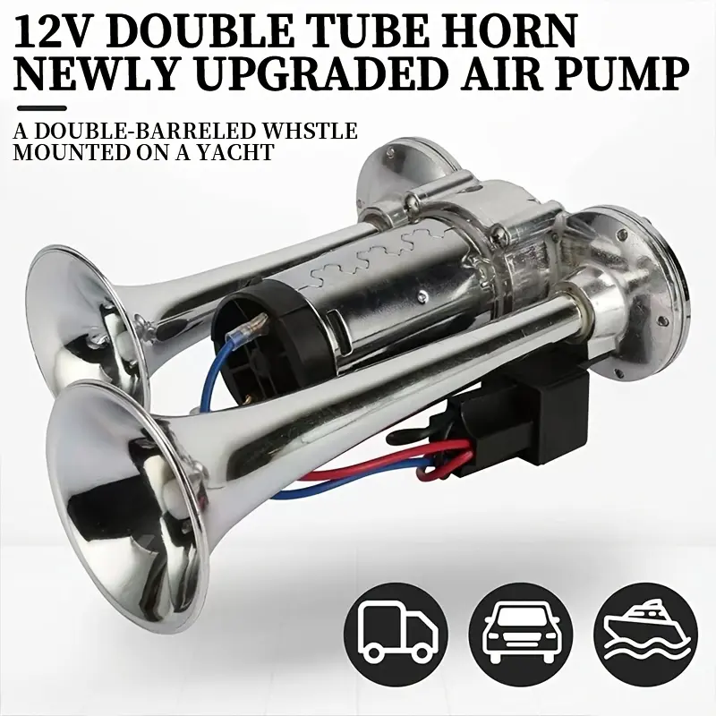12V Dual Trumpet Horn Kit with Built-in Compressor, 130DB Super Loud Heavy Duty Zinc Alloy Chrome, Universal Wiring Harness with Relay, Easy Install for ATV, Car, SUV, Motorcycle, Safety-Conscious Drivers, Long Highway Drives, Visual Aesthetics