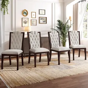 Vintage Luxe Tufted Dining Chairs Set of 4 High Back Diamond Button Upholstered with Solid Wood Legs & Nailhead Trim for Dining Room Living Room Home Decor Beige Espresso modern kitchen