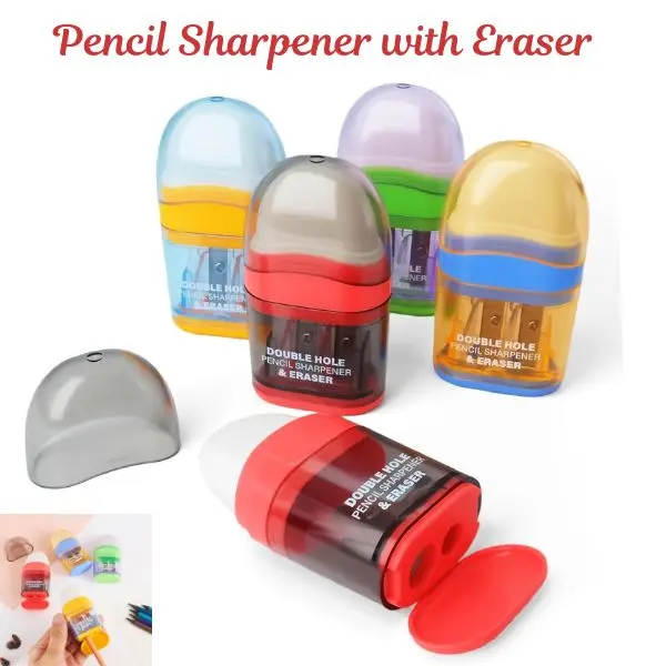 4 Pack Pencil Sharpener with Eraser, Manual Handheld Dual Hole Pencil Sharpener, 2-Hole Colored Pencil