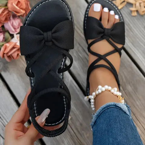 Women's Fashionable Bowknot Design Cross Band Sandals, Casual Comfortable Breathable Sandals for Beach, Fashionable Shoes for Daily Wear, Summer, Casual Fashion Footwear, Fashionable Flat Rubber Sandals, Stylish Flat Sandals