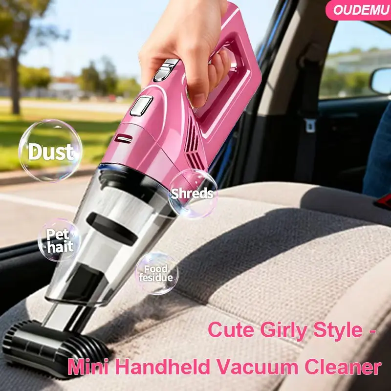 Portable wireless handheld vacuum, adorable pink mini vacuum for women and girls, 6000PA strong suction, compact dust-cleaning tool, perfect for deep cleaning cars, home sofas, and office keyboards