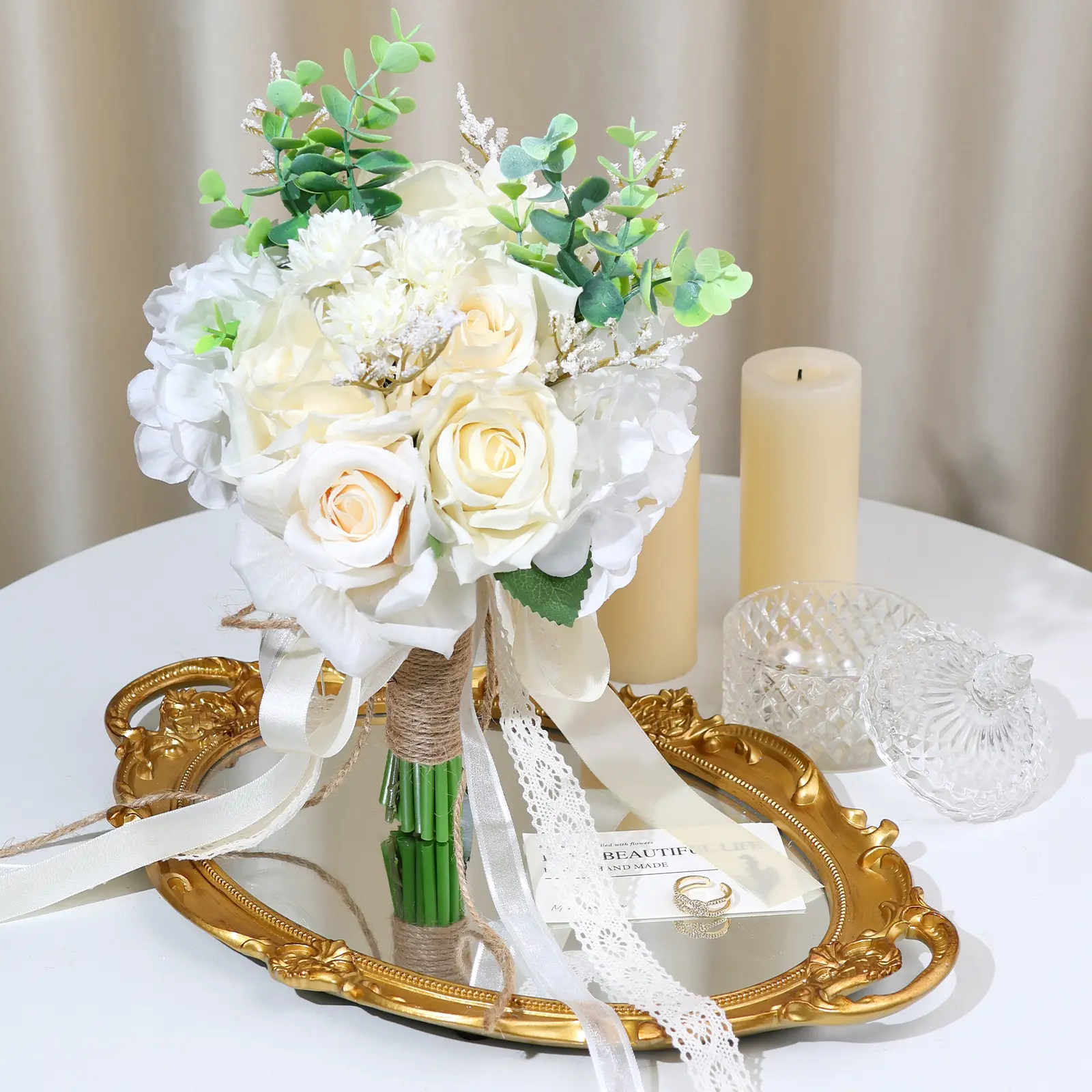 3pcs Plastic Artificial Flower Arrangement Combination Pack - Western Wedding Bride-Bridesmaid Handheld Bouquet with Lace Ribbon, Decorative Church Decor, Box-Included Home Decor Props