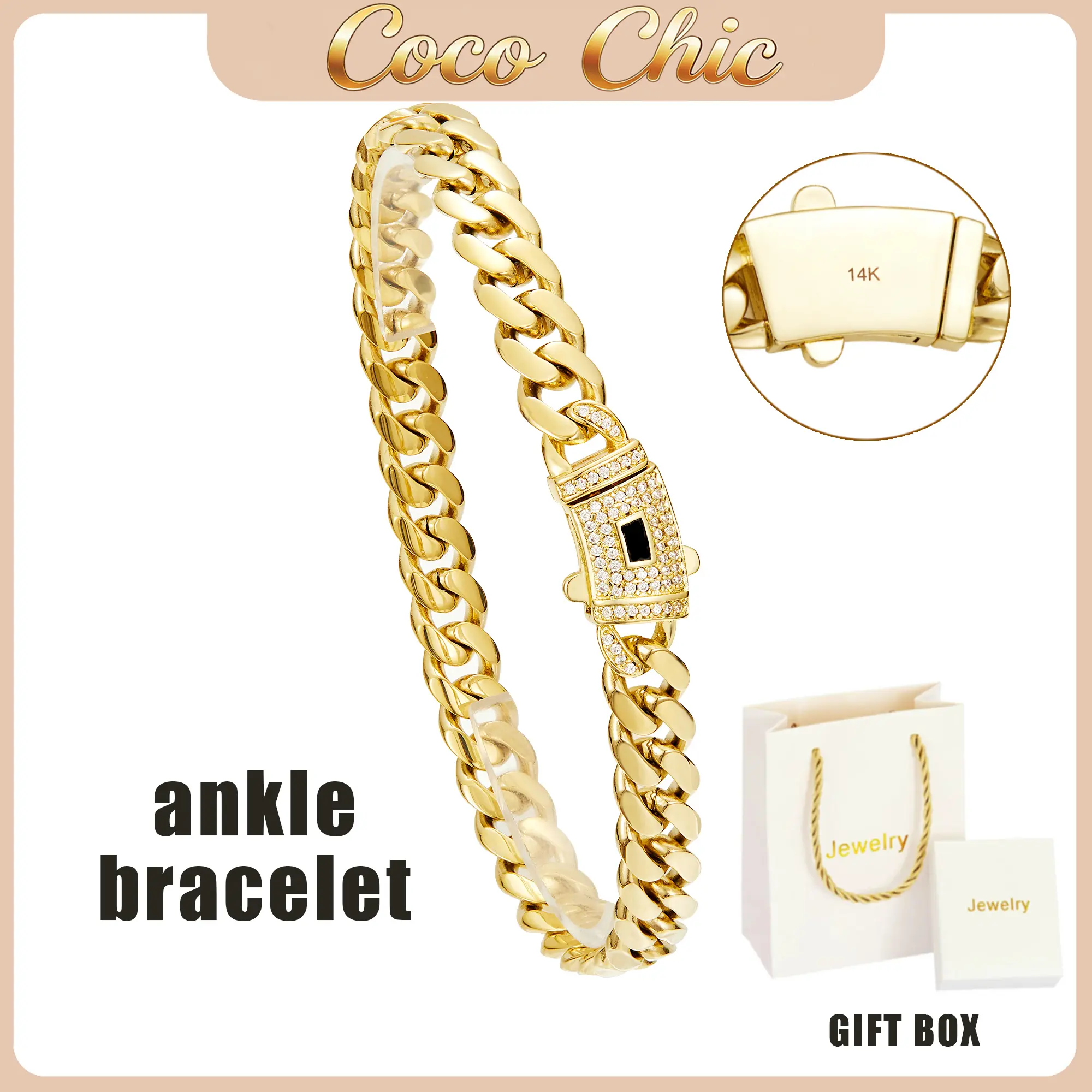 【New Anklet】Fashionable 8mm 14K Gold Plated Cuban Link Anklet for Women, Iced Out Zircon Box Clasp, Stainless Steel Waterproof dainty Ankle Bracelet, Trendy Summer Beach Foot Jewelry Gift  Party Vacation style monaco not arnishing