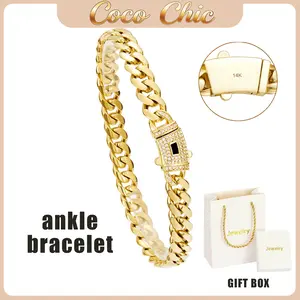 【New Anklet】Fashionable 8mm 14K Gold Plated Cuban Link Anklet for Women, Iced Out Zircon Box Clasp, Stainless Steel Waterproof dainty Ankle Bracelet, Trendy Summer Beach Foot Jewelry Gift  Party Vacation style monaco not arnishing,summervibes