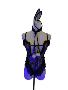 Women's Lace One-Piece Set One Size with Matching Stockings Black/White Lightweight Stretch Fabric Outfit