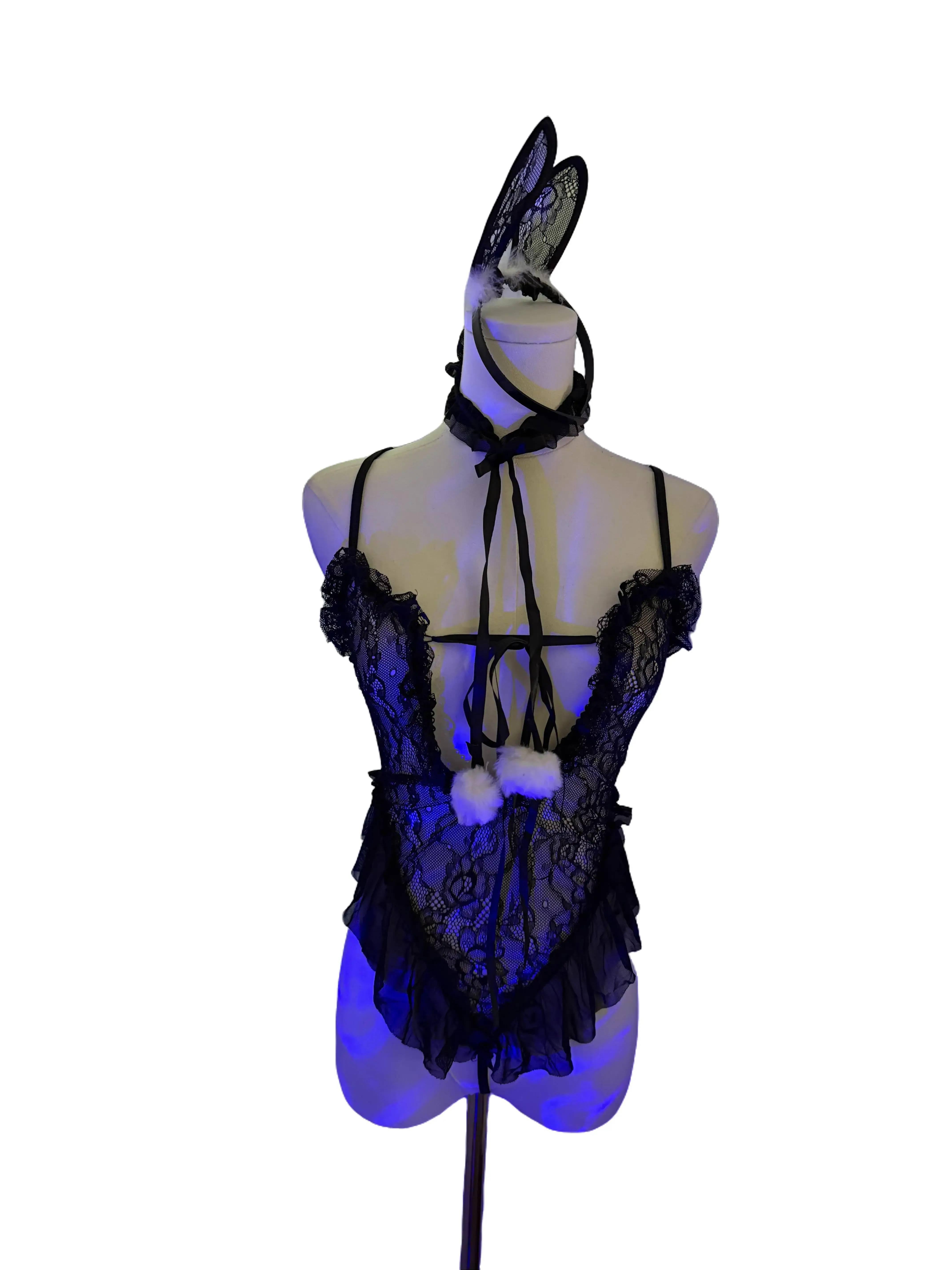 Women's Lace One-Piece Set One Size with Matching Stockings Black/White Lightweight Stretch Fabric Outfit