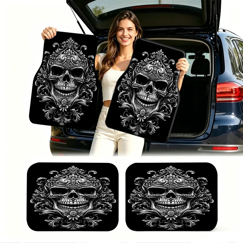4pcs Set, Universal Car Floor Mats with Gothic Skull Pattern, Car Interior Decor, Vintage Dark-style Car Accessories. Suitable for SUVs/trucks/sedans/MPVs and Various Other Vehicle Models. Pet-friendly Material Keeps Your Car Interior Clean and Tidy