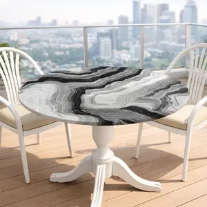 1 piece black and white corrugated digital printing, elastic round tablecloth, elastic tablecloth for restaurants, removable, suitable for kitchens, outdoor gardens, versatile and practical