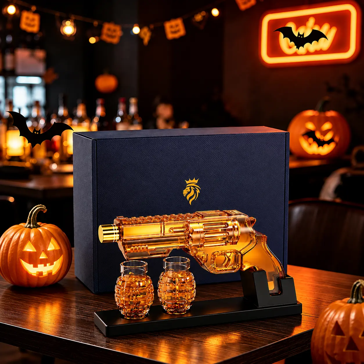 Kollea Whiskey Decanter Set with Luxury Gift Box,Grenade-Shaped Shot Bottles,Halloween Party Decor,Man Cave Bar Accessories,12.83oz Lead-Free Glass Decanter&Wooden Stand,Gifts for Men,Father,Husband,Boyfriend&Military Enthusiasts,Empty Decanter,sohochic