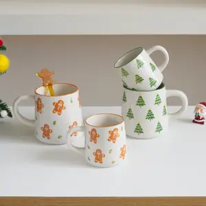 Christmas Embossed Line Mug, Elegant High-Quality Christmas Gingerbread Man Striped Ceramic Coffee Cup, Holiday Decorative Cup