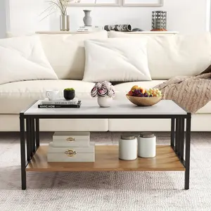 COSTWAY - 2 Tier Coffee Table with Sintered Stone Tabletop-White