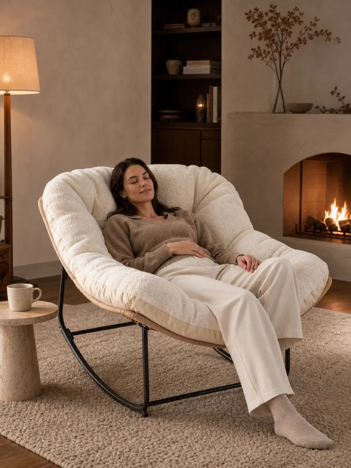 【Double-Side Fabric】ONBRILL Oversized Indoor Outdoor Rocking Chairs, Comfy Papasan Rocking Chair with Padded Cushion, Rattan Wicker Lounge Chair, Modern Reading Accent Chair for Balcony Garden, LivingRoom Furniture,Christmas Gift【TiktokShopStockUp】