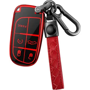 for Jeep Key fob Cover with Leather Keychain Soft TPU Full Cover Protection,for Jeep Grand Cherokee Renegade Chrysler 200 300 Dodge RAM Durango Challenger Dart Fiat Key Fob Shell (Red)