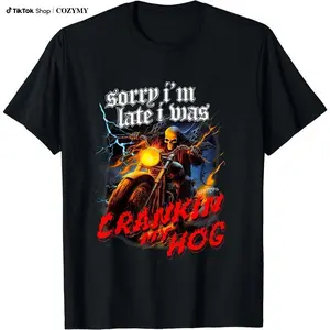 Sorry Im Late I Was Crankin My Hog Horror Skeleton Ride Motorcycle Men's T-Shirt