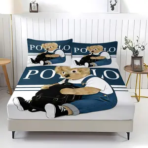 Teddy bear printed pattern bed sheet, comfortable printed pattern, including 1 bed sheet and 2 pillowcases, comfortable bedding, anti slip dust cover suitable for bedrooms and guest rooms, suitable for children or adults as gifts, Bedsheet Sets